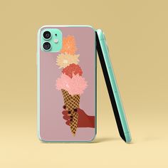 an iphone case with ice cream and flowers on it