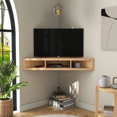 a flat screen tv sitting on top of a wooden shelf in a living room next to a potted plant