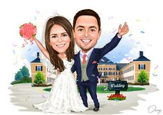 a wedding caricature with a bride and groom in front of a building holding flowers