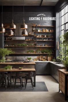 an industrial style kitchen with black walls and wooden tables, potted plants on the shelves