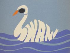 a white swan floating on top of water with the word swan written in it's mouth