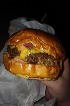 a hand holding a cheeseburger with meat and melted cheese on it's bun