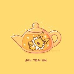 an orange teapot with a cartoon character on it's side and the words jol - tea - on