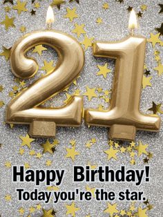 a birthday card with the number twenty two candles in gold and stars on a silver background