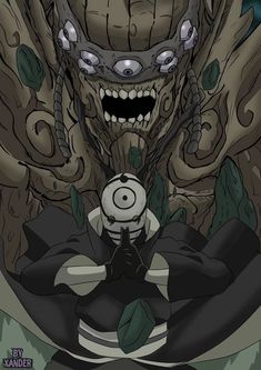 a cartoon character sitting in front of a giant tree with an evil face on it