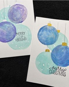 two christmas cards with watercolor ornaments on them