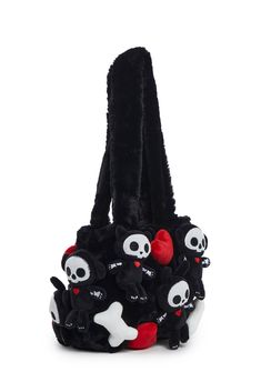 This tote bag has a faux fur construction, 3D Skelanimal plush toy appliques all over, a magnetic snap button closure, and an interior zip pocket. Black Tote Bag With Animal Design, Black Animal Design Tote Bag, Black Bags With Plush Lining For Everyday Use, Gothic Things, Gothic Stuff, Spooky Things, Fun Clothing, Plush Bags, Gothic Accessories