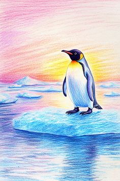 a drawing of a penguin sitting on an ice floet with the sun setting in the background