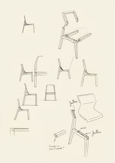 sketches of different chairs and tables in various positions