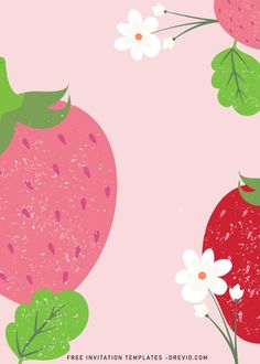 an image of strawberrys and daisies on a pink background