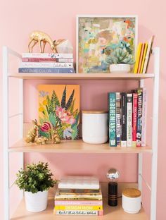 a book shelf with books, plants and other items on it against a pink wall