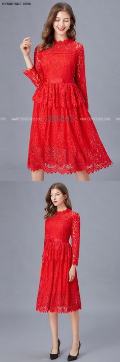 10% off now|Free shipping world-wide. L-5XL Women Red Lace Knee Length Party Dress with Long Sleeves at GemGrace. Click to learn our pro custom-made service for wedding dress, formal dress. View #SemiFormalDresses for more ideas. Long Sleeve Midi Dress With Lace Patchwork For Party, Red Long Sleeve Dress With Lace Trim, Best Wedding Guest Dresses, For Wedding Dress, Semi Formal Dresses, Dress With Long Sleeves, Online Wedding Dress, Dress Formal, Lovely Dresses