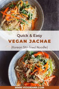 two plates filled with noodles and vegetables on top of each other, next to the words quick & easy vegan jachae korean stir - fried noodle