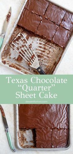 a chocolate sheet cake sitting on top of a pan next to a knife and fork