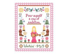 a cross stitch pattern with a woman playing the guitar