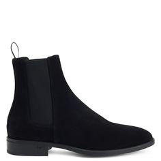 Velour Chelsea boots with elastic bands either side and rubber sole. Black Suede Chelsea Boots For Business, Classic Black Chelsea Boots With Suede Lining, Business Black Chelsea Boots With Suede Lining, Formal Black Suede Chelsea Boots, Modern High-top Suede Boots, Modern Calf Leather Boots With Suede Lining, Black Suede Business Boots, Black Suede Boots For Business, Black High-top Chelsea Boots With Rubber Heel Cap