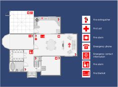 the floor plan for an apartment with fire extinguishers and first aid