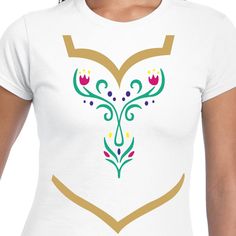 a women's white t - shirt with gold and green designs on the chest