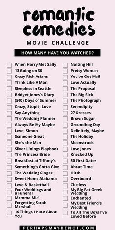 a list with the words romantic comedy and movies written on it, in black ink