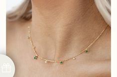 Dainty Green Jewelry With Delicate Chain, Elegant Green Charm Necklace With Delicate Chain, Elegant Green Charm Necklace For May Birthstone, Delicate Green Charm Necklaces With Delicate Chain, Green Delicate Chain Jewelry For Party, Green Gold Plated Jewelry With Delicate Chain, Elegant Green Necklace With Delicate Chain, Green Jeweled Gold-plated Necklaces, Green Gold-plated Jeweled Necklaces