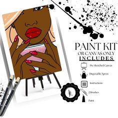 an image of a woman holding a cup with paint and brushes around her face on a white background