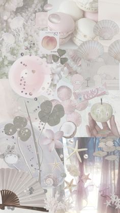 a collage of pink, white and green items with shells on them is featured in this image