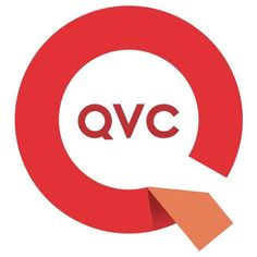 the qvc logo is shown in red and white with an orange ribbon around it