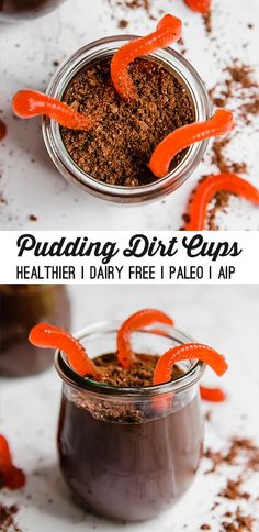 two pictures showing how to make pudding dirt cups