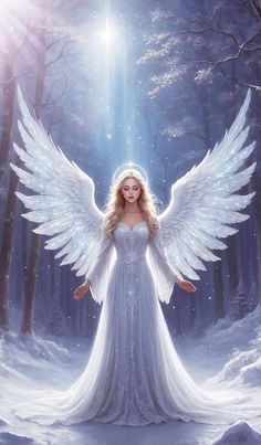 an angel standing in the snow with her wings spread out, and glowing from behind