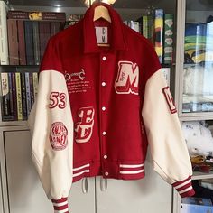 Lightly Worn. Perfect Fall Jacket. Leather Sleeves With A Wool Torso. Red Patchwork Outerwear For Streetwear, Red Cotton Outerwear With Letter Print, Oversized Varsity Jacket With Pockets, Oversized Varsity Jacket With Pockets For College, Trendy Oversized Red Outerwear, College Varsity Jacket With Pockets, Oversized Patchwork Varsity Jacket For College, Red Letter Print Winter Outerwear, Red Patchwork Varsity Jacket