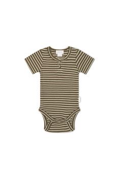 Organic Cotton Modal Darcy Rib Tee Bodysuit - Bear/Cassava Everyday Summer Bodysuit With Short Sleeves, Casual Stretch Onesie With Short Sleeves, Everyday Short-sleeved Summer Bodysuit, Green Fitted Casual Onesie, Casual Fitted Short Sleeve Onesie, Casual Short Sleeve Bodysuit, Casual Ribbed Onesie For Loungewear, Casual Ribbed Short Sleeve Bodysuit For Summer, Casual Ribbed Onesie