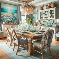 the dining room table is set with blue and white dishes