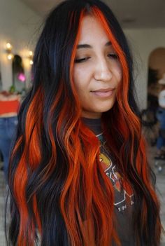 Black And Orange Hair, Magenta Hair, Hair Color Orange, Peekaboo Hair, Vivid Hair Color, Rainbow Hair Color