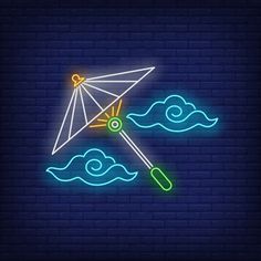 a neon sign with an umbrella in the sky