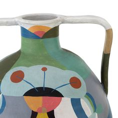 a colorful vase with handles painted on it