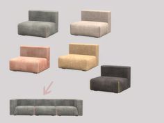 six different types of couches with arrows pointing to the right and left ends, all in various colors