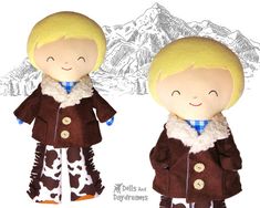 two dolls made to look like they are wearing cowboy clothes and boots, with the words new boy coat pattern on them