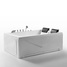 a white bath tub with two faucets and black handles on the side, in front of a white background