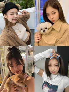 four different pictures of women with dogs in their arms and one woman holding a small dog