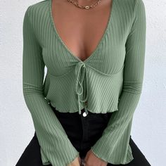 Women Work Blouse, Fancy Tops, Trendy Fashion Tops, Ribbed Knit Top, Short Dresses Casual, Flounce Sleeve, Womens Casual Outfits, Trendy Tops, Women Tops