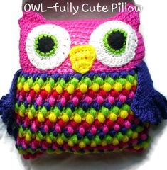 a crocheted owl purse is shown with the words owl - fully cute pillow