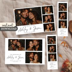 wedding photo collages are displayed on a table with autumn leaves and pumpkins