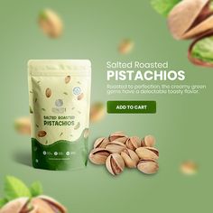 a bag of roasted pistachios next to some nuts on a green background