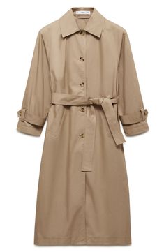 A crisp spread collar puts a contemporary spin on an essential cotton-twill trench coat embellished with belted cuffs. Front button closure Spread collar Belted cuffs Front welt pockets Removable tie belt Lined 100% cotton Dry clean Imported Elegant Cotton Outerwear With Belted Cuffs, Cotton Trench Coat, Nordstrom Store, Shirt Collar, Tie Belt, Welt Pocket, Women's Shirt, Cotton Twill, Trench Coat