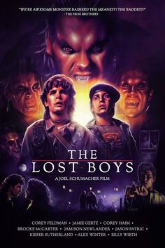 the lost boys movie poster with two men in front of an evil looking man and other people