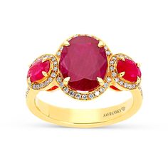 Ruby Birthstone Ring, Statement Rings Diamond, Ruby Birthstone, Ruby Engagement Ring, Three Stone Engagement, Gold Halo, Ruby Jewelry, Three Stone Engagement Rings, Diamond Cluster Ring