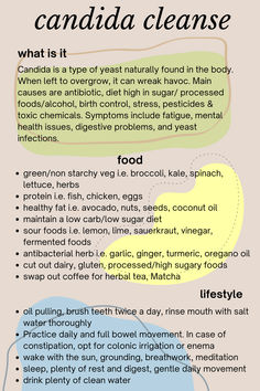 If you know you have Candida, there are lots you can do holistically to fix the problem. Embark on a cleanse to rebalance your gut flora and boost overall health. This regimen involves eliminating sugar, refined carbs, and adding fermented foods to starve harmful yeast. Incorporate lifestyle changes and antifungal foods like garlic and coconut oil to support recovery and maintain digestive harmony. Antifungal Foods, Candida Cleanse Recipes, Gut Cleansing, Yeast Cleanse, Healthy Gut Diet, Refined Carbs, Ancient Healing