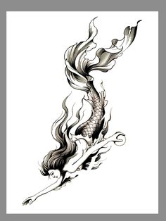 a black and white drawing of a koi fish with flames coming out of it