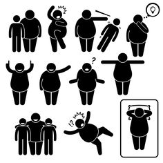 an image of people with different postures and body shapes in black on white background