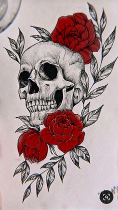 a drawing of a skull with roses on it